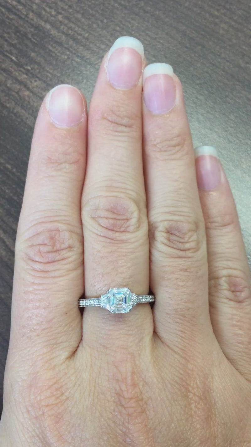 caption:Shown with asscher cut diamond in platinum