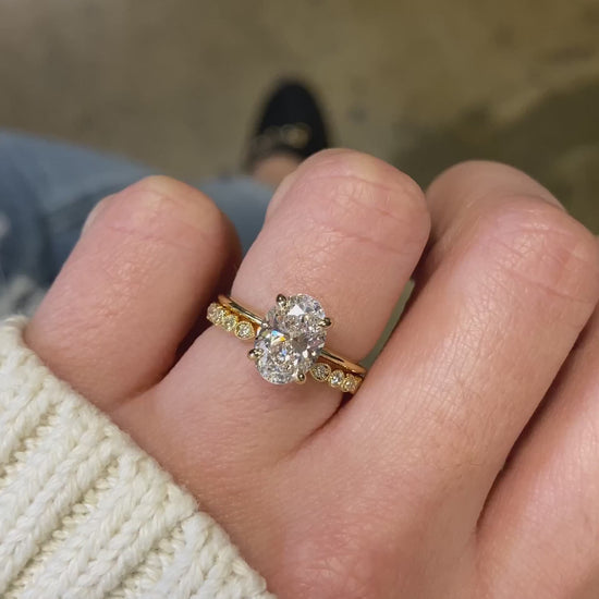 caption:Stacked with Florina engagement ring in 14k yellow gold