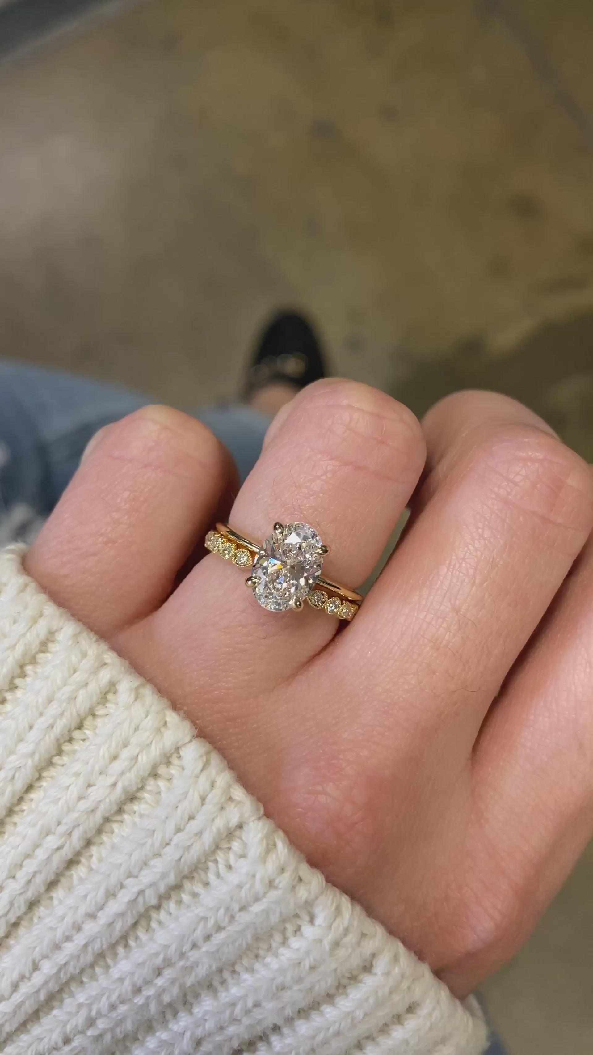 caption:Stacked with Florina engagement ring in 14k yellow gold