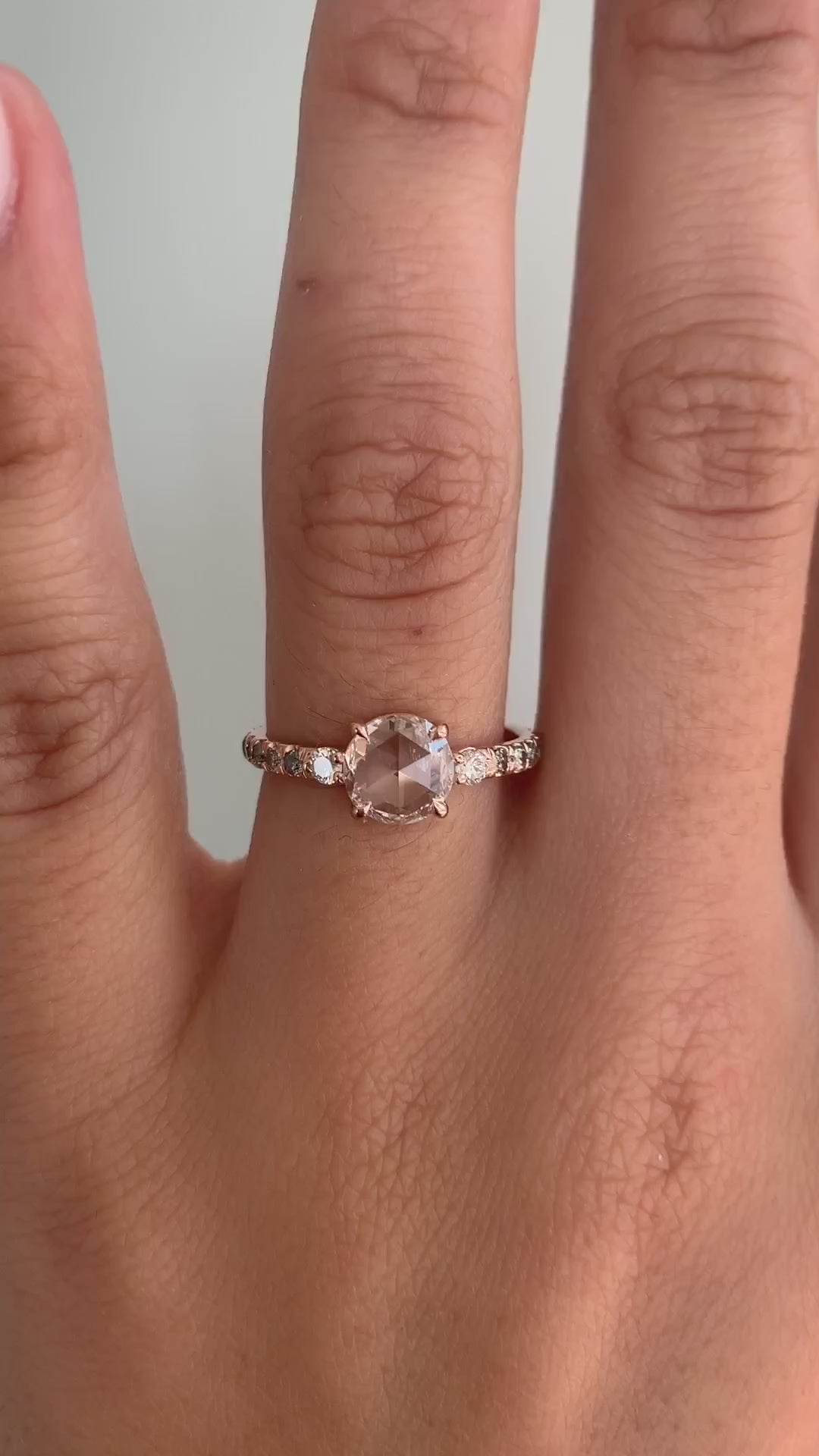 caption:Shown in 14k rose gold with 1ct rose cut moissanite