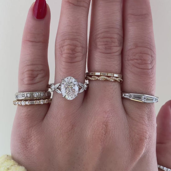 caption:Shown with 3ct oval in platinum, customized with birthstone accents