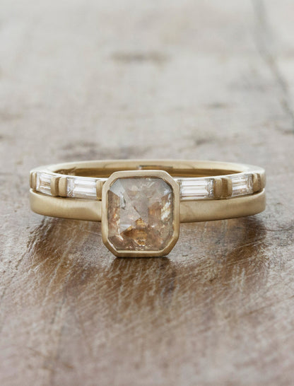 caption:Stacked with custom Katie engagement ring in 14k yellow gold