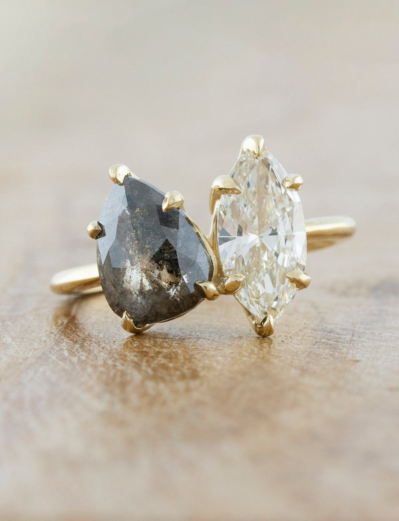 caption:Customized with marquise diamond and salt & pepper pear diamond in 14k yellow gold