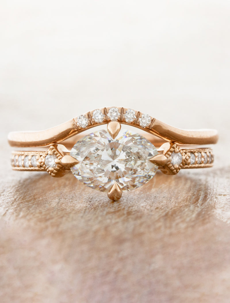 caption:Stacked with Charleen engagement ring in 14k rose gold