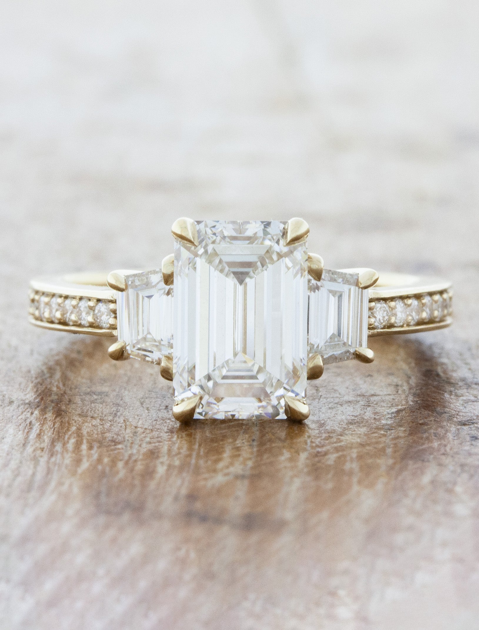 Angela: Classic Three Stone Emerald Cut Diamond Ring | Ken & Dana Design