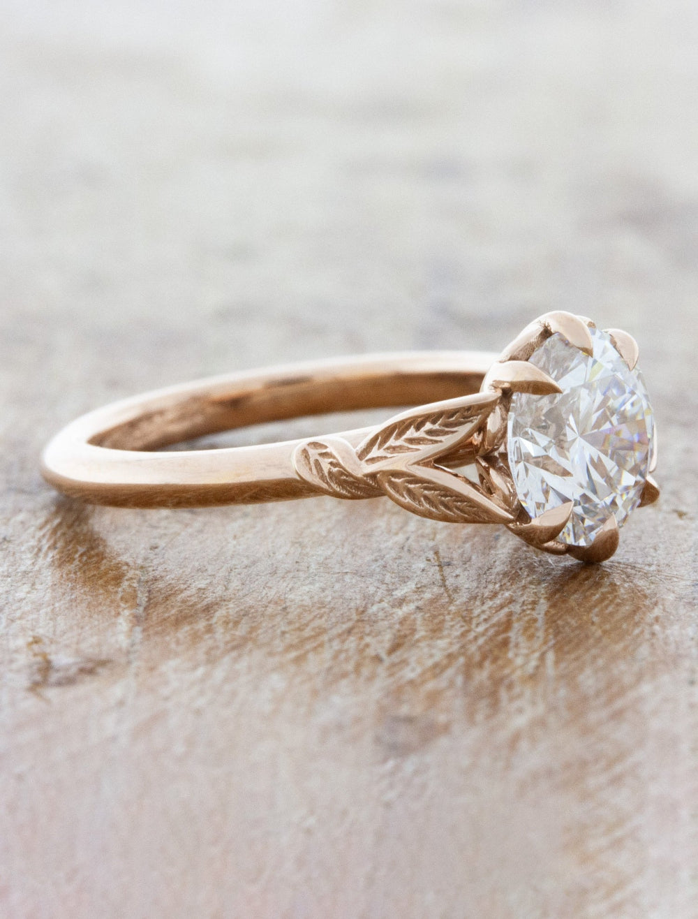 Ari: Split Shank Nature-Inspired Leaf Engraved Engagement Ring | Ken ...