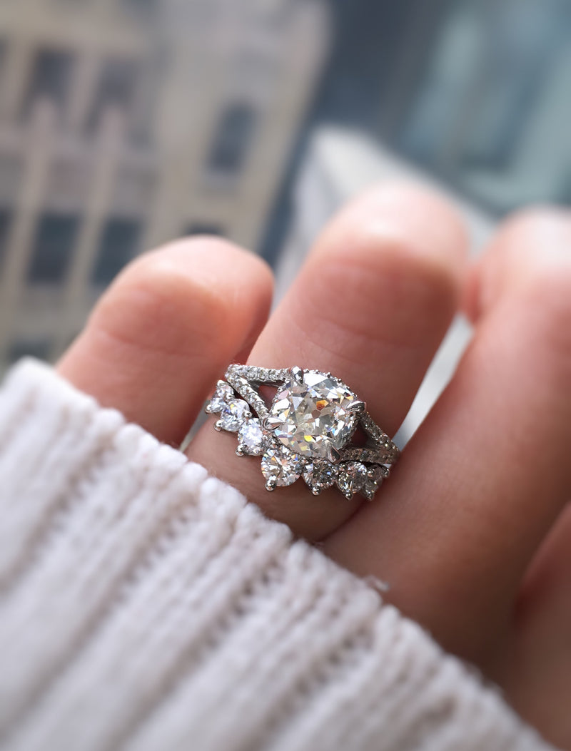 caption:Stacked with Antoinette-Large wedding band in platinum