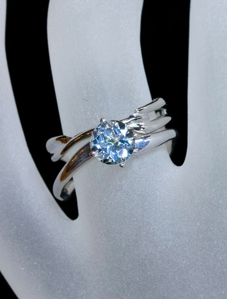 Unique Engagement Rings Ken & Dana Design - Aurora Aqua hand view. caption:Shown with plain Selene wedding band