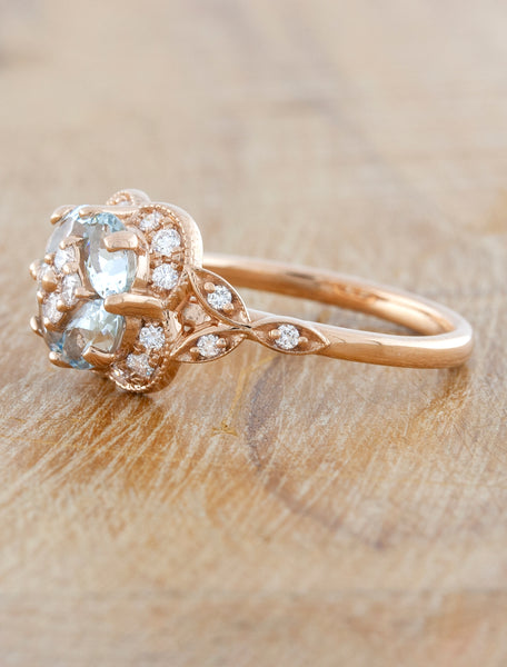 caption:Aquamarine & diamond in 14k rose gold