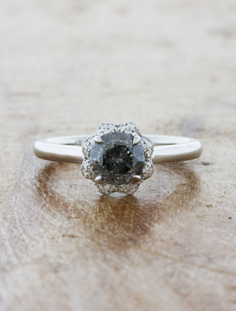 caption:Shown with 0.65ct round salt & pepper diamond in platinum