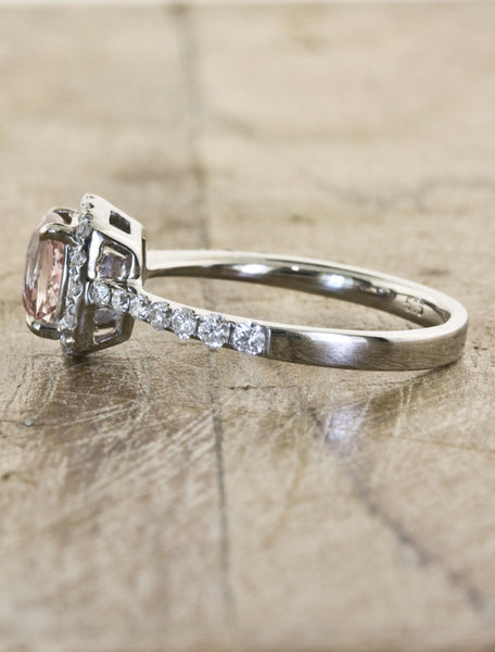 Peach Sapphire Halo Engagement Ring 
