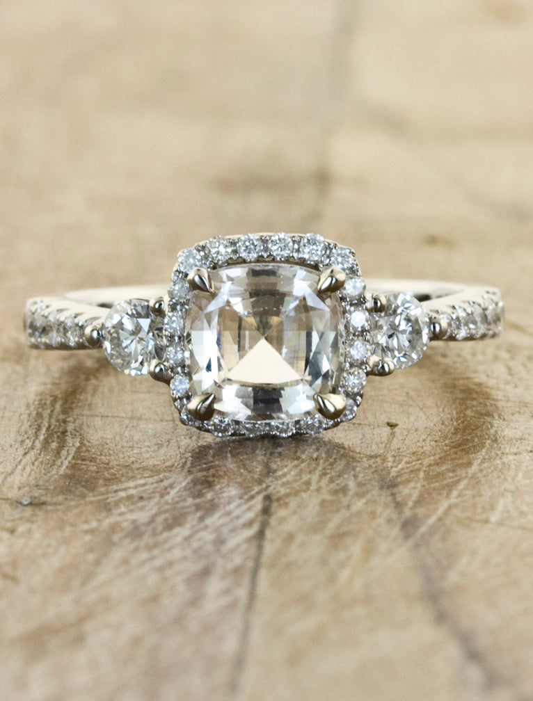 Demelza: Cushion Cut Peach Sapphire, 3-Stone Ring | Ken & Dana