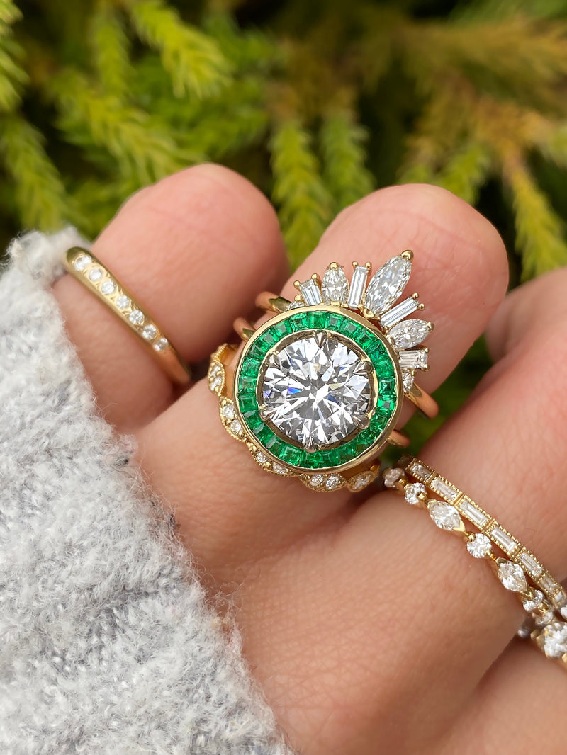caption:Shown with Isla & Natali wedding bands in 14k yellow gold