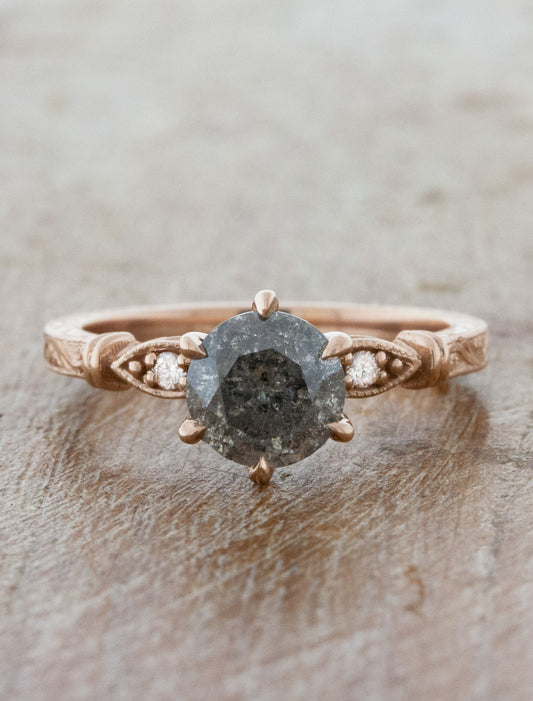 caption:Shown with 1ct round salt & pepper diamond in 14k rose gold