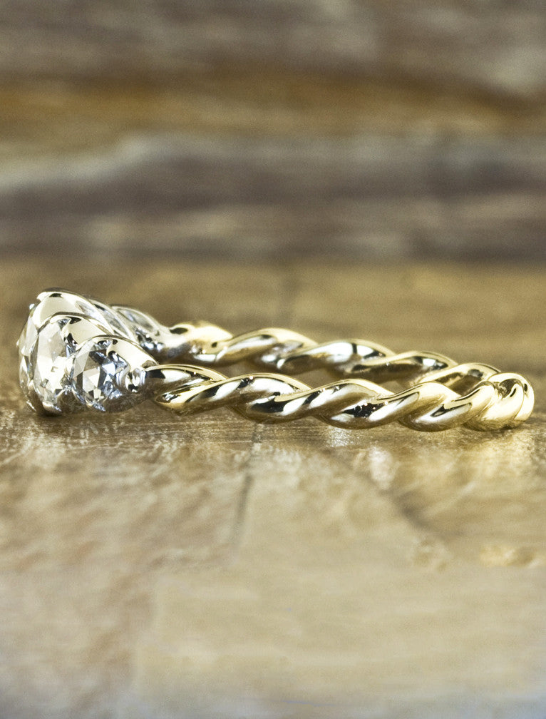 twisted band yellow and white gold, five stone engagement ring