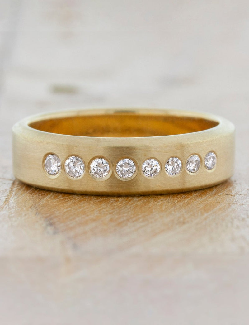 caption:Shown in 6mm and 14k yellow gold, all brushed finished customized with diamonds
