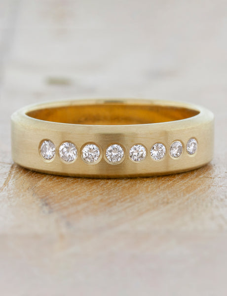caption:Shown in 14k yellow gold, brushed finish, customized with diamonds