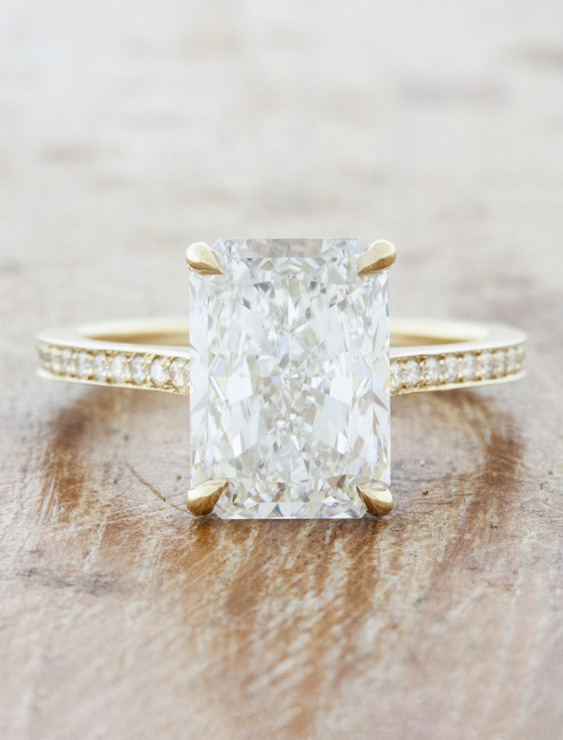 caption:Shown with 3.50ct radiant cut diamond in 14k yellow gold
