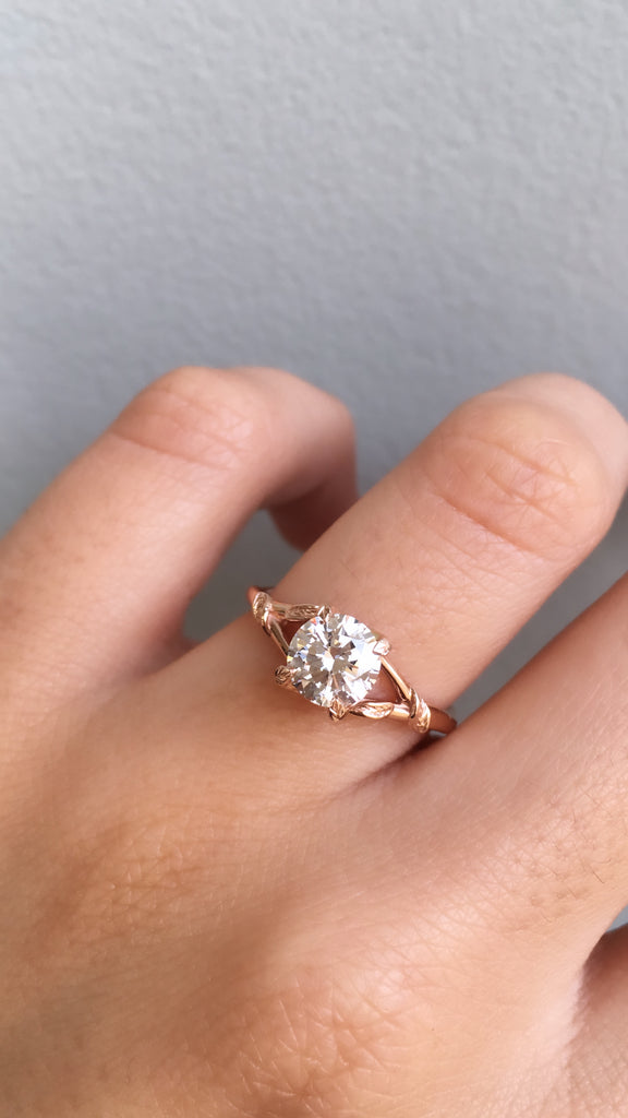 Nature inspired engagement ring;caption:1.30ct. Round Diamond 14k Rose Gold