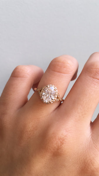 Vintage inspired engagement ring;caption:2.00ct. Oval Diamond 18k Rose Gold