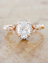 caption:Shown with 1.25ct D VVS2 oval lab diamond in 14k rose gold