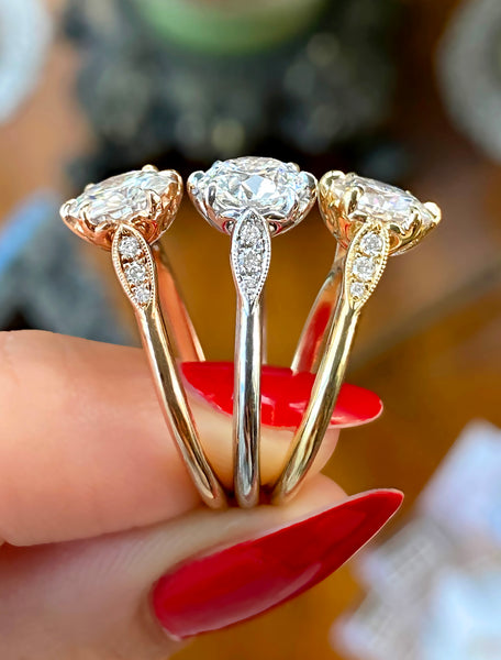 caption:Rose, white, and yellow gold from left to right
