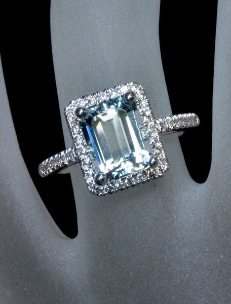 halo emerald cut aquamarine engagement ring