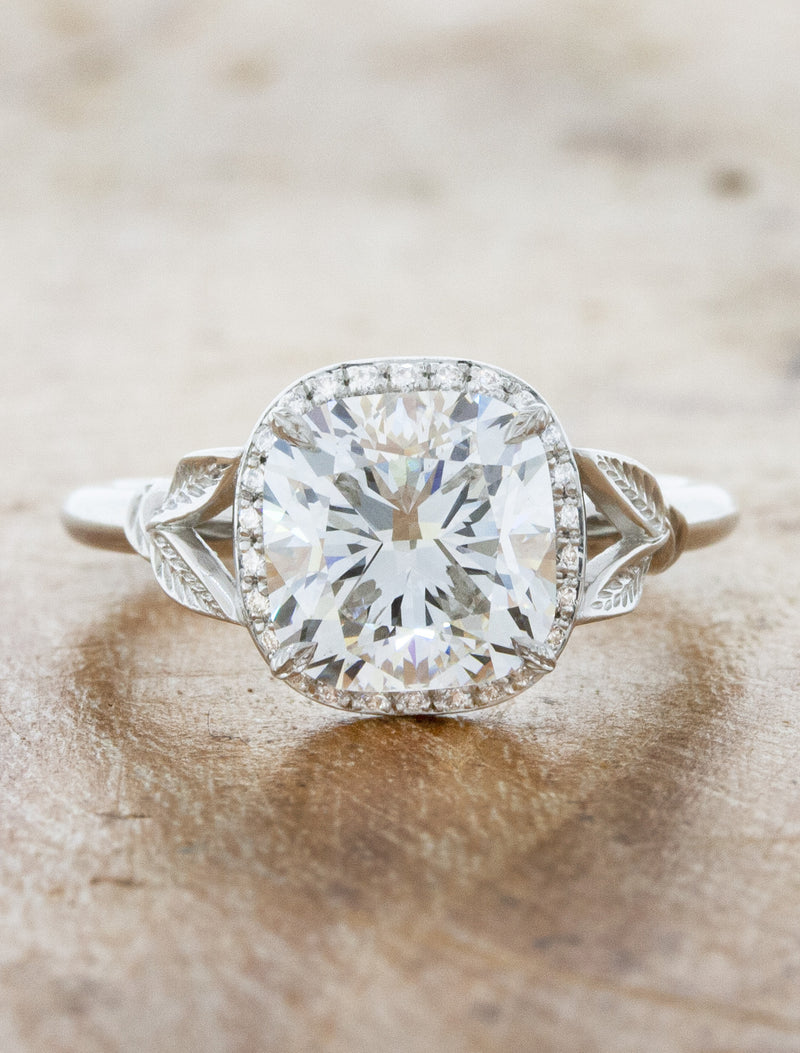 caption:Shown with 3ct cushion cut diamond in 14k white gold