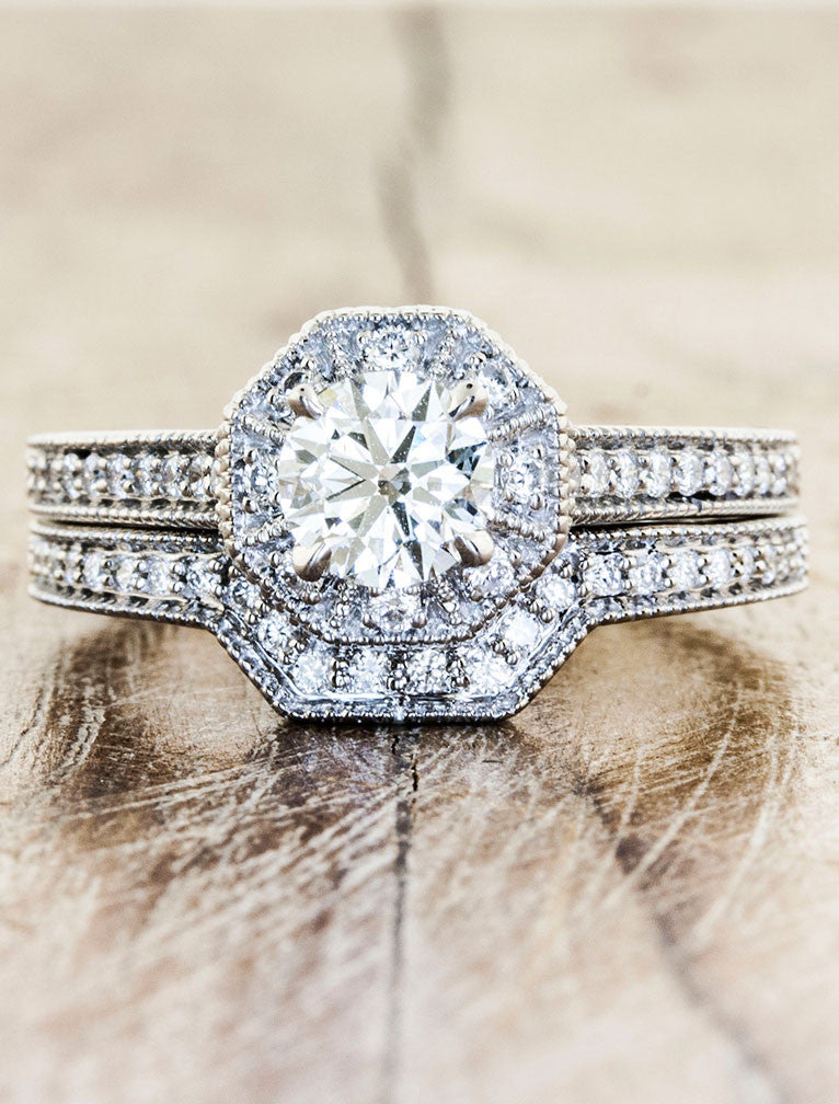 geometric, art deco inspired wedding band - paired with engagement