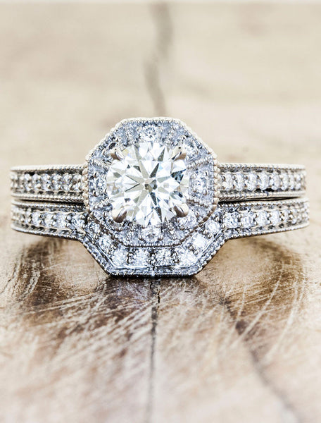 Unique Engagement Rings Ken & Dana Design - Almira-Nadina pairing;caption:0.95ct. Round Diamond Platinum paired with Nadina wedding band