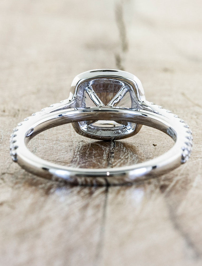unique halo blue-grey cushion cut sapphire engagement ring - rear view