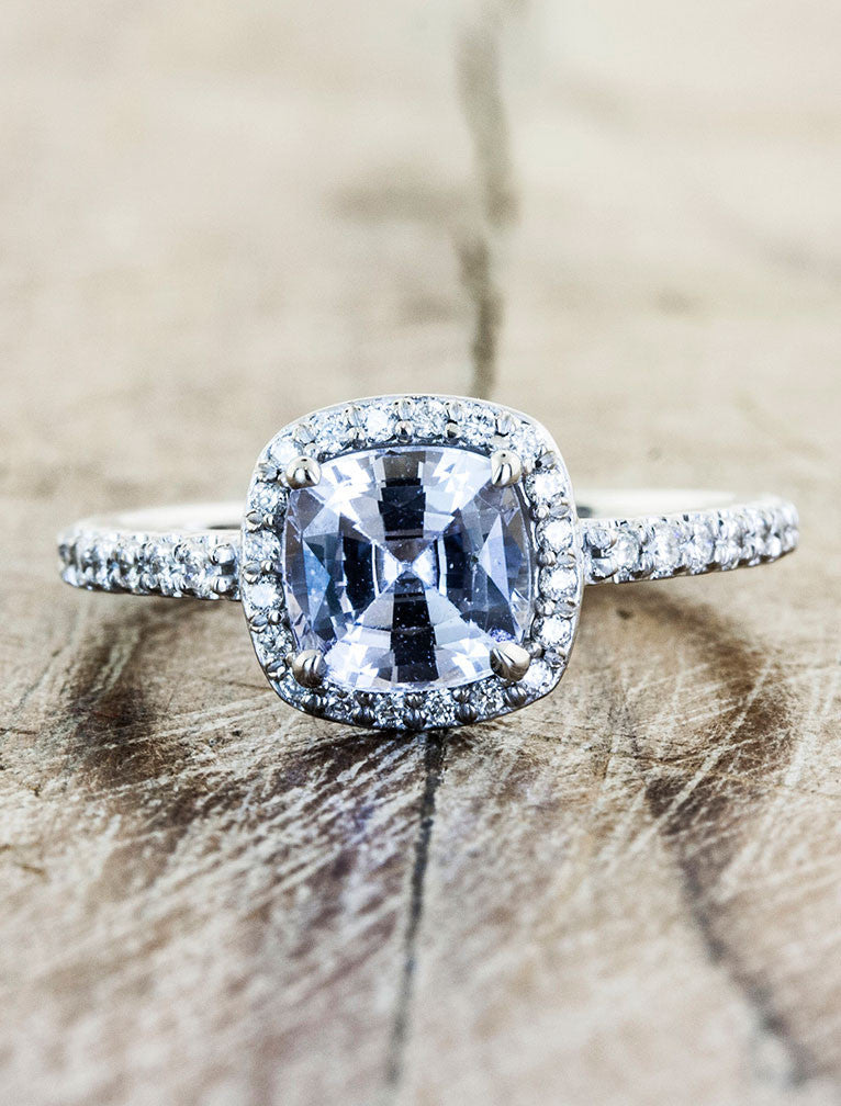 unique halo blue-grey cushion cut sapphire engagement ring