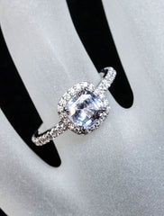 unique halo blue-grey cushion cut sapphire engagement ring 