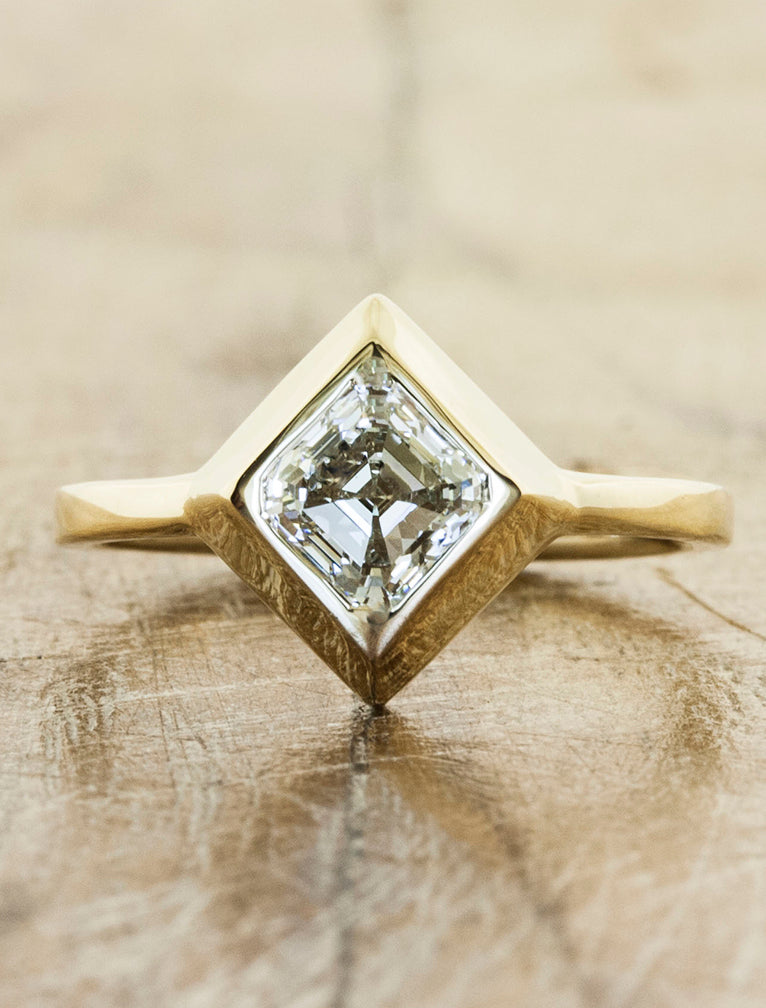 caption:Shown with 0.75ct asscher cut diamond in yellow gold