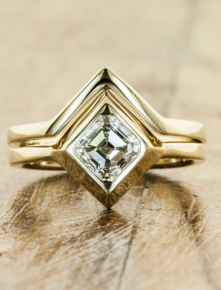 caption:Stacked with matching Marie wedding band in yellow gold