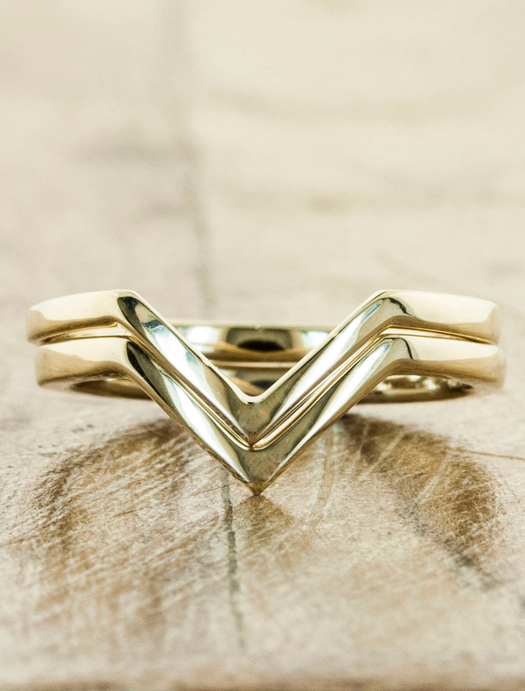 Puzzle piece fit wedding band;caption:Marie Wedding Bands Pictured in 14k Yellow Gold 