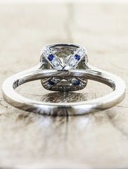 cushion cut diamond ring with halo, pave band with sapphire accents