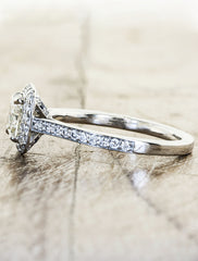 cushion cut diamond ring with halo, pave band