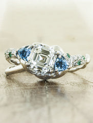 Unique nature inspired engagement ring split shank;caption:1.50ct. Asscher Cut Diamond and Blue Topaz 14k White Gold