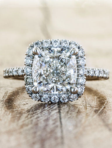 Halo engagement ring caption:2.50ct. Cushion Cut Diamond Platinum