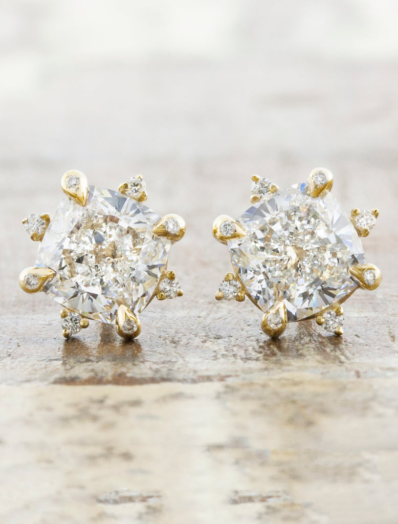Star Design Earrings caption:Shown with 2ct total weight Cushion Diamonds set in 14k Yellow Gold