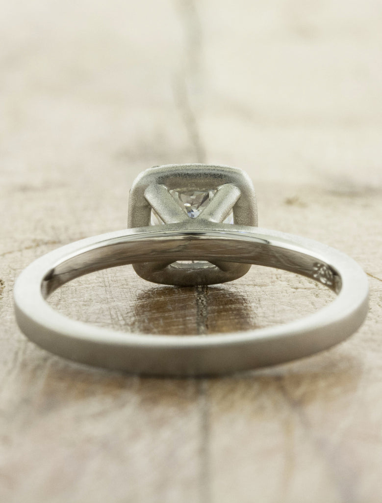 halo cushion cut diamond engagement ring, brushed white gold band