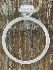 halo cushion cut diamond ring, brushed white gold setting