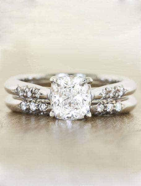 Unique vintage inspired engagement ring;caption:1.25ct. Cushion Cut Diamond 14k White Gold paired with Abby wedding band