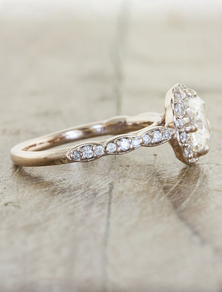 diamond accented band, delicate unique halo cushion cut ring