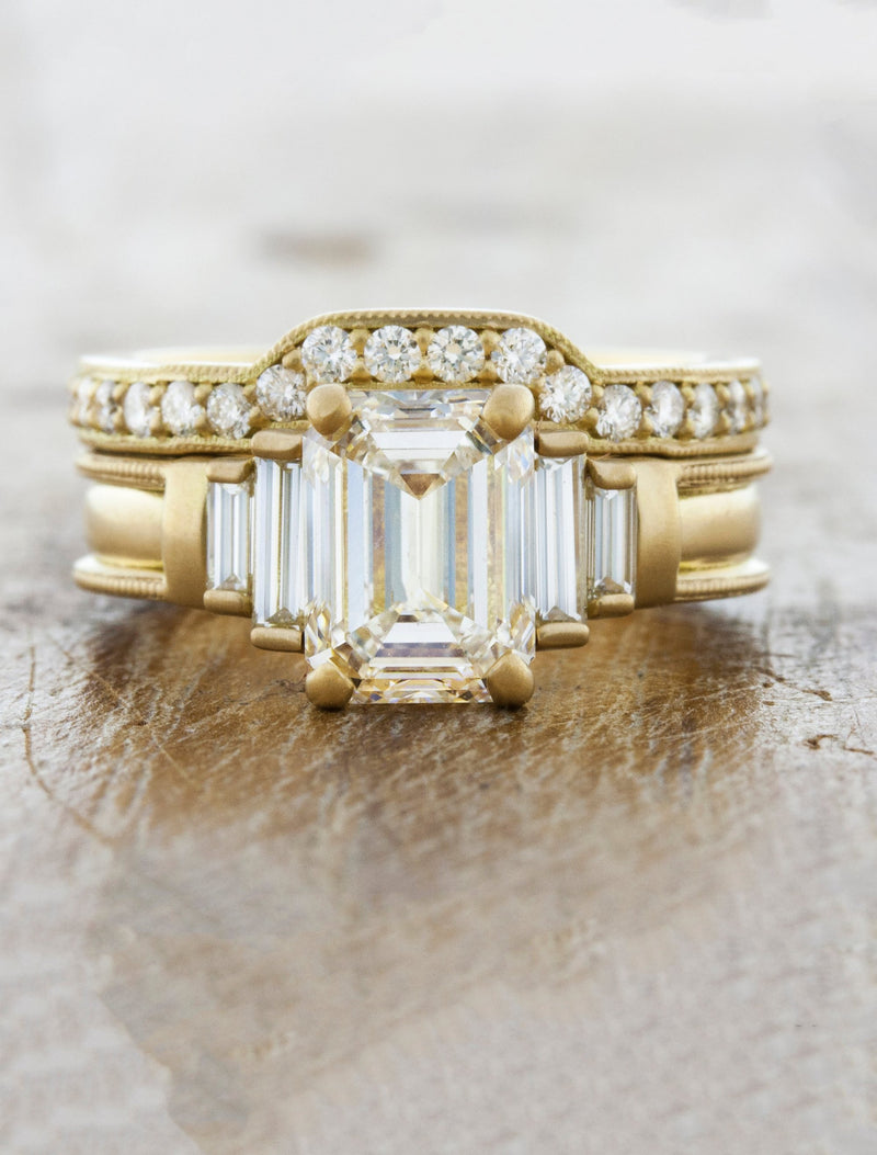caption:Custom milgrain accents along the band, stacked with Spring wedding band