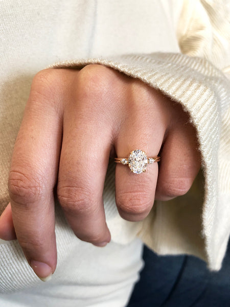 Oval Diamond Engagement Ring Set with Matching Leaf Ring | Ken & Dana Lab Grown Diamond / 1.00ct Oval E VS2 / 14K Rose Gold (Recycled)