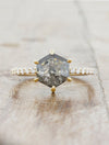 caption:Shown with 1.7ct hexagon salt & pepper diamond in 14k yellow gold