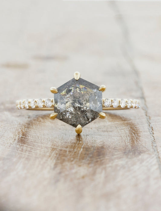 caption:Shown with 1.7ct hexagon salt & pepper diamond in 14k yellow gold