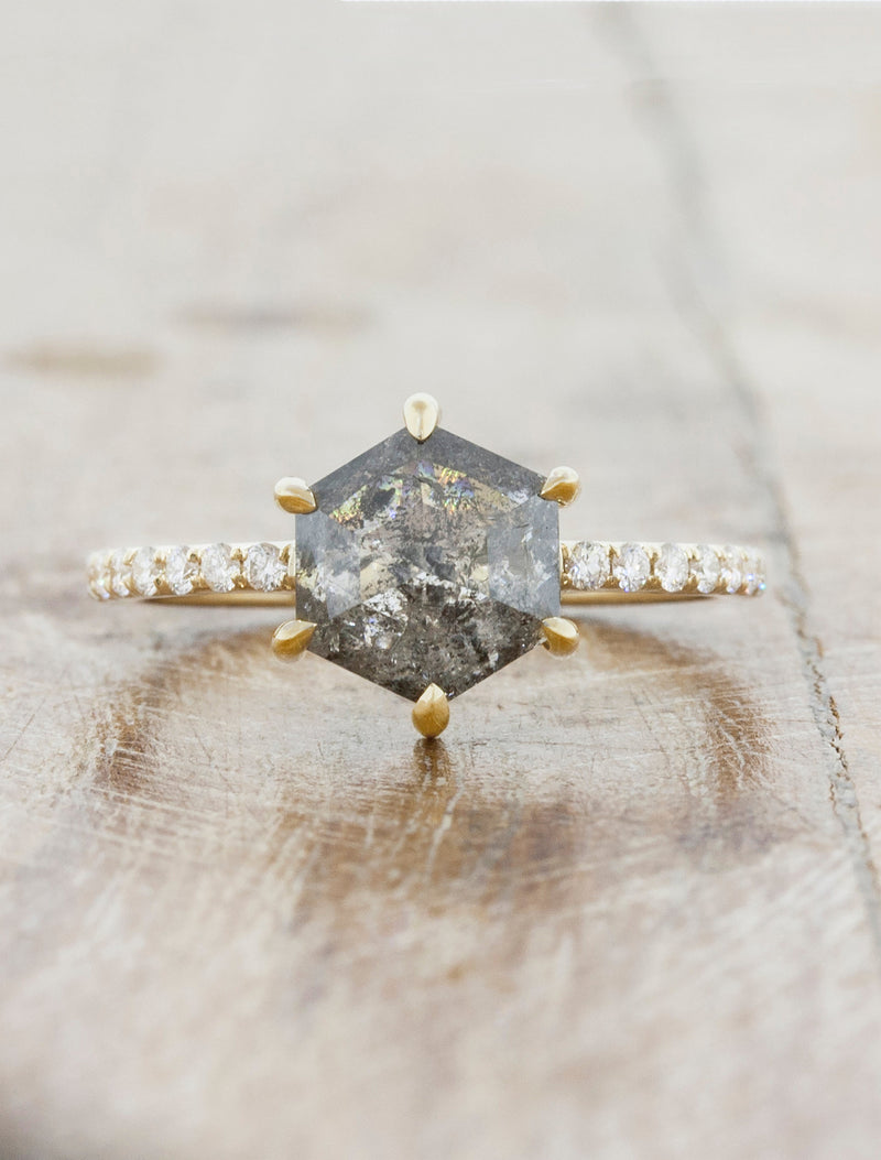 caption:Shown with 1.7ct hexagon salt & pepper diamond in 14k yellow gold